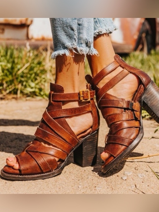 Freebird by Steven Shoes - Freebird by Steven Brown Strappy Leather Block Heel Sandals Claw size 7